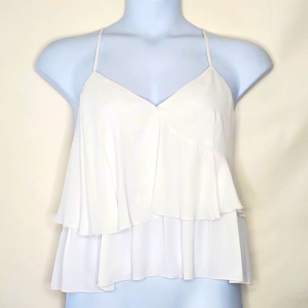 Open Back Babydoll Top Size L White Tiered Ruffled Coquette Flowy Angelcore